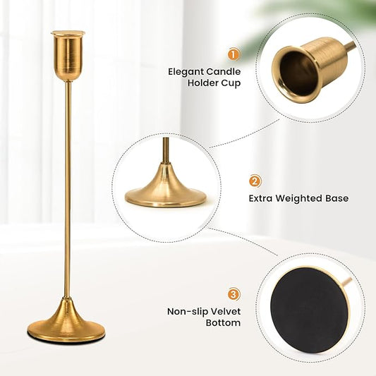 6 Pcs Brass Gold Candle Holders Set, Candelabra Tall Candle Stand, Metal Taper Candlestick Holders for Dining, Table Centerpieces & Vintage Home Decor– Housewarming Gift for Halloween Decor, Christmas