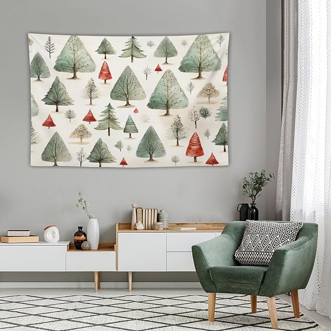 MaSiledy Tapestry Vintage Christmas Tree Watercolor Aesthetic Bedroom Tapestries Merry Christmas Winter Xmas Tapestry As Wall Art Wall Art for Bedroom Wall Hanging for Room Landscape 60"x90"