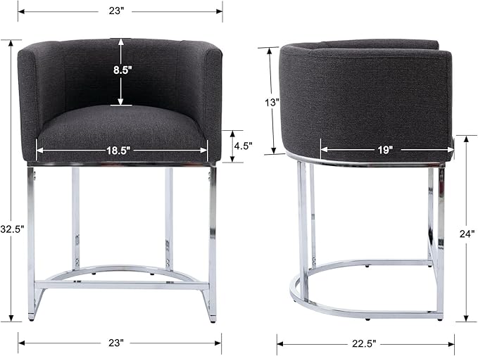 Modern Counter Height Linen Upholstered Bar Stools Set of 4, 24" Kitchen Counter Island Stools Bar Chairs with Chrome Finish Metal Frame for Kitchen Island, Charcoal