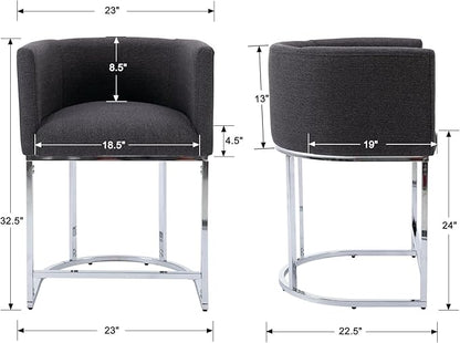 Modern Counter Height Linen Upholstered Bar Stools Set of 3, 24" Kitchen Counter Island Stools Bar Chairs with Chrome Finish Metal Frame for Kitchen Island, Charcoal