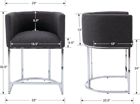 Modern Counter Height Linen Upholstered Bar Stools Set of 3, 24" Kitchen Counter Island Stools Bar Chairs with Chrome Finish Metal Frame for Kitchen Island, Charcoal