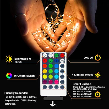 39Ft 120 LED Fairy Lights Battery Operated, RGB Color Changing String Light with Remote and Timer, Battery Powered Twinkle Lights for Bedroom, Dorm, Wall, Mason Jar, Backyard Indoor Outdoor Christmas