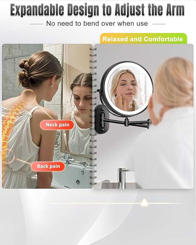 Wall Mounted Makeup Mirror with Light, 20X/1X 8'' Double Sided LED Magnifying Bathroom Lighted Vanity Mirror with Magnification, 3 Color Light up Touch Dimmable Extended Arm 360 Rotation
