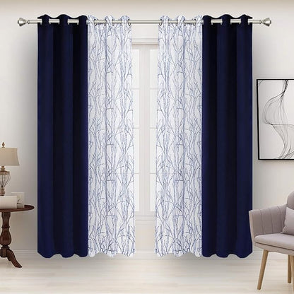 BONZER Mix and Match Curtains - 2 Pieces Branch Print Sheer Curtains and 2 Pieces Blackout Curtains for Bedroom Living Room Grommet Window Drapes, 37x63 Inch/Panel, Indigo, Set of 4 Panels