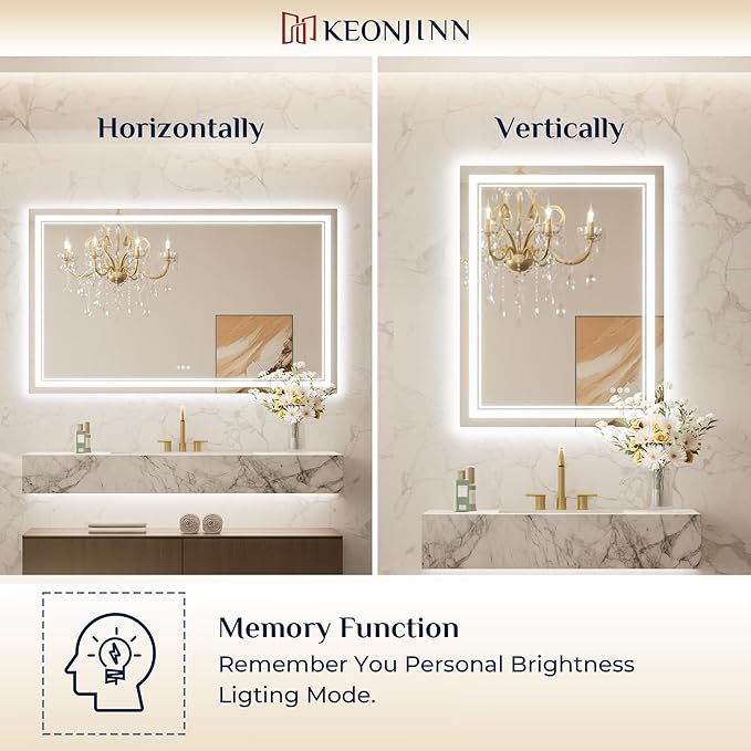 Keonjinn LED Bathroom Mirror 40” x 24” with Frontlit and Backlit, Stepless 3 Colors Temperature & Dimmable Vanity Mirror, UL Listed LED Driver, Double Light Strips, Tempered Glass Mirror with Lights