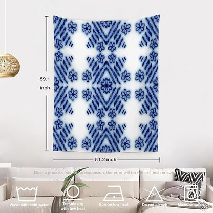 Batmerry Blue Art Flower Tapestry,Blue White Ceramic Glaze Tie Dye Wall Art Hanging Decoration Polyester Fiber White Ruffled Around for Dorm Room Bedroom Living Room, 59.1x51.2 inches