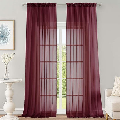 OWENIE Burgundy Sheer Curtains 120 Inches Long 2 Panels Set, Airy Lightweight Sheer Burgundy Curtains for Living Room Bedroom, Farmhouse Filmy Rod Pocket Drapes, 2 Pcs, Each 59" Wx120 L Inch