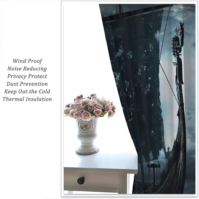 Viking Ship Curtains, Night Scene with Black Vikings Dragon Ship Sailing, Vintage Ancient Scandinavian Nautical Print Blackout Window Drapes for Boys Bedroom Living Room 42x54 Inch