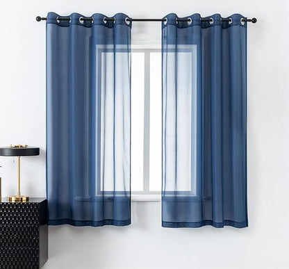 DUALIFE 45 Inches Navy Short Curtains for Bathroom Set of 2 Panels Grommet Semi Voile Drapes Navy Blue Sheer Curtains for Boys Room Kids Bedroom Small Windows 52 x 45 Inch Indigo Blue