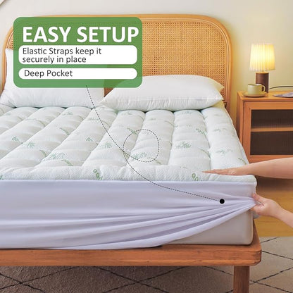 Bioeartha Cooling Mattress Topper King – Extra Soft Pillow Top Mattress Pad, Breathable Viscose Made from Bamboo Mattress Protector for Back Pain Relief, Deep Pocket Cover Fits 8–21 Inch
