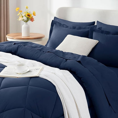 CozyLux Oversized King Comforter Set Navy Blue, 7 Pieces Bed in a Bag Comforter Set with Sheets Luxury Bed Set for All Seasons, Bedding Set with Down Alternative Comforter, Sheets, Pillowcases & Shams