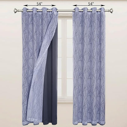 BONZER Mix and Match Curtains - 2 Pieces Branch Print Sheer Curtains and 2 Pieces Blackout Curtains for Bedroom Living Room Grommet Window Drapes, 54x63 Inch/Panel, Grey Dark, Set of 4 Panels