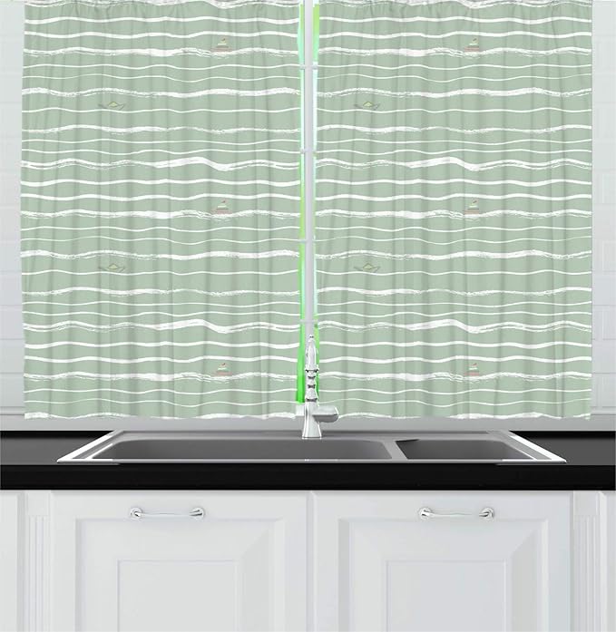 Lunarable Nautical Kitchen Curtains, Pattern of Hand Drawn Waves with Boats Floating, Window Drapes 2 Panel Set for Kitchen Cafe Decor, 55" X 39", Pale Sage Green White Pale Green Pale Rust