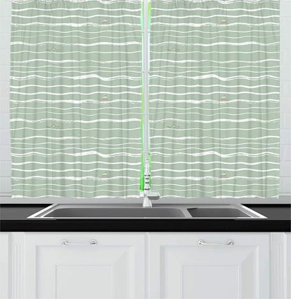 Lunarable Nautical Kitchen Curtains, Pattern of Hand Drawn Waves with Boats Floating, Window Drapes 2 Panel Set for Kitchen Cafe Decor, 55" X 39", Pale Sage Green White Pale Green Pale Rust