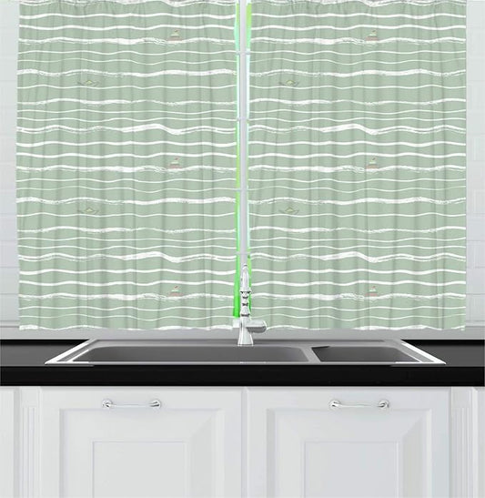 Lunarable Nautical Kitchen Curtains, Pattern of Hand Drawn Waves with Boats Floating, Window Drapes 2 Panel Set for Kitchen Cafe Decor, 55" X 39", Pale Sage Green White Pale Green Pale Rust