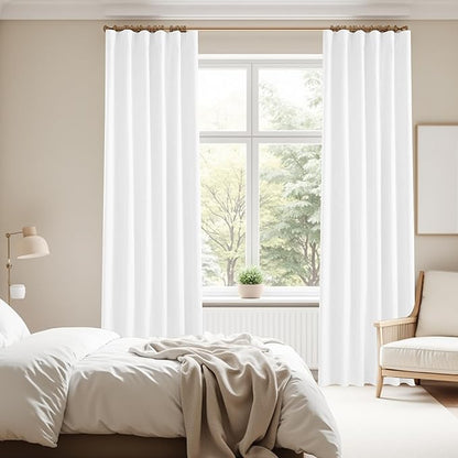 KangBang Pure White Blackout Curtains 84 Inch Length, Faux Linen Room Darkening Curtains for Bedroom Living Room, Back Tab Loop Pocket Pleated Light Blocking Drapes, 52Wx84L, 2Pcs