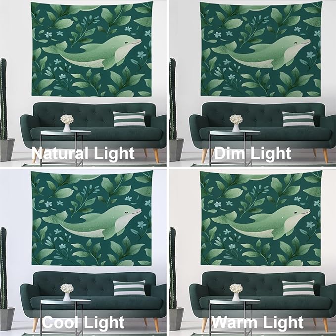 Batmerry Cute Dolphin Tapestry, Green Dolphin With Leaves Wall Art Hanging Decoration Polyester Fiber White Ruffled Around for Dorm Room Bedroom Living Room, 59.1x82.7 inches
