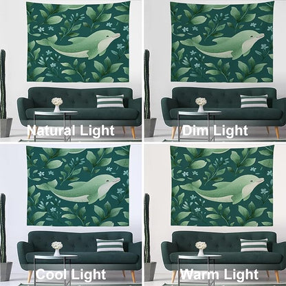 Batmerry Cute Dolphin Tapestry, Green Dolphin With Leaves Wall Art Hanging Decoration Polyester Fiber White Ruffled Around for Dorm Room Bedroom Living Room, 59.1x82.7 inches