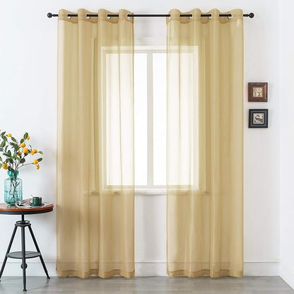 DUALIFE Tan Beige Sheer Curtains with Grommet,Look Semi Natural Taupe Sheer Windows Panels,Elegant Solid Color Touch Soft Drapes, 52X96 Inch for Living Room Bedroom,Set of 2 Panels Khaki