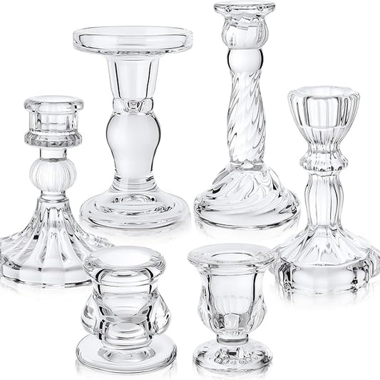 Mumufy 6 Pcs Glass Crystal Taper Candle Holders Clear Glass Candlestick Holder Fit 0.8 Inch Candles Crystal Decorative Candle Stand Centerpiece Table Wedding Dining Party (Simple,Clear)
