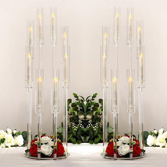 2PCS Acrylic Candelabra Centerpieces,Tall Clear Floor Candelabra for Wedding 8 Arm Candle Holder with Acrylic Shade Circular Base for Party Table Decoration Fit 0.87 LED Candle