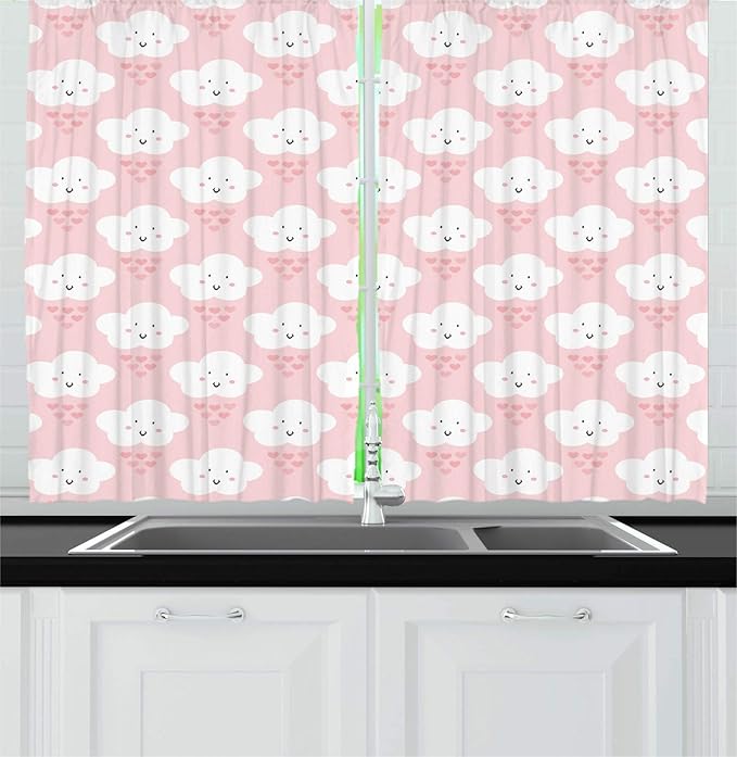 Lunarable Cartoon Kitchen Curtains, Illustration of Smiling Fluffy Clouds and Heart Shapes, Window Drapes 2 Panel Set for Kitchen Cafe Decor, 55" x 39", Rose White