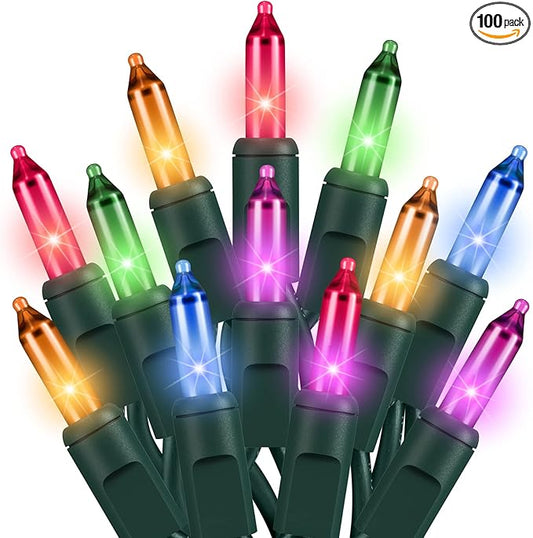 Christmas Lights Multicolor 100 Count Incandescent Light UL Certified Connectable Christmas Tree Lights with Green Wires for Indoor Outdoor Xmas, Wedding, Holiday, Party, Home Decorations
