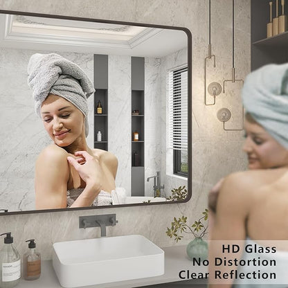 44x30 Bronze Bathroom Mirror, Brushed Metal Bathroom Vanity Mirrors for Wall, Rounded Corner Bronze Rectangle Mirror for Farmhouse, Bedroom, Anti-Rust (Horizontal/Vertical)