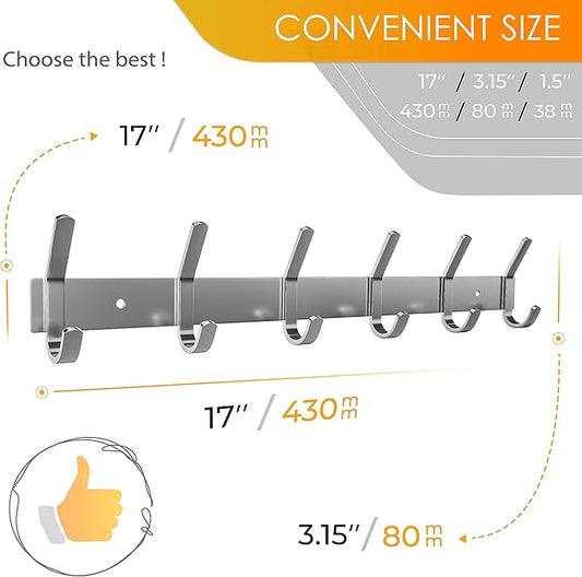 Coat Rack Wall Mount – Brushed Nickel 17 Inch Stainless Steel Hook Rail with 6 Heavy Duty Double Coat Hooks – Wall Mounted Coat Hanger for Entryway, Bathroom, Bedroom, Towel, Hat Organizer - 4 Pack