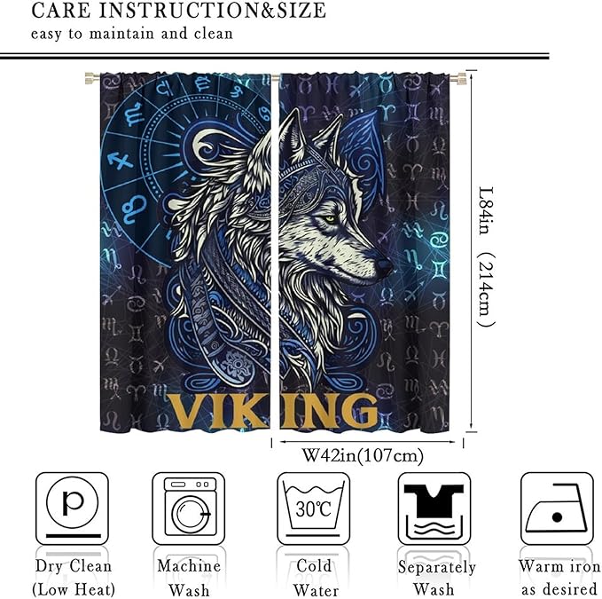 Viking Wolf Curtains Blue Rune Nordic Gothic Animal Curtains Dark Ancient Totem Mythological Pattern Printed Curtains Boys Bedroom Living Room Decoration Blackout Curtains W84 * L84 Inch