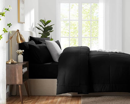 CozyLux King Size Comforter Set Black, 7 Pieces Bed in a Bag, Black Comforter King Size, All Season Bedding Sets with Stitch Quilted Comforter, Flat Sheet, Fitted Sheet, Pillowcases