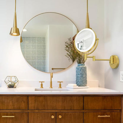 Gold Wall Mounted Makeup Mirror with Light and Magnification 10X, 2 Sided with 3 Color Led Dimmable, 360 Swivel Extension Shaving for Bathroom Hard Wired