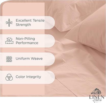 Linen Home 100% Cotton Percale Sheets King Size, Brushed Rose, Deep Pocket, 4 Pieces Set - 1 Flat, 1 Deep Pocket Fitted Sheet and 2 Pillowcases, Crisp Cool and Strong Bed Linen