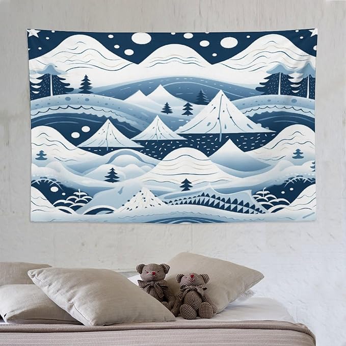 Snow Mountain Scandinavian Winter Tapestries Hello Winter Holiday Bedroom Tapestries Landscape Tapestry Wall Art Decor for Bedroom Living Room Dorm 60"x90" Tapestries Winter Snowflake Decorative