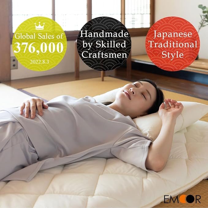 EMOOR Japanese Futon Mattress CLASSE & Fitted Sheet PRESSO King Made in Japan, Cotton (White) Foldable Floor Sleeping Bed Tatami Mat