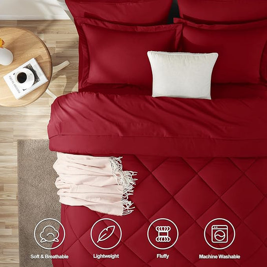 CozyLux Queen Comforter Set Dark Red - Bed in a Bag Queen Size 7 Pieces, Luxury Soft Bed Set for All Seasons, Bedding Set with Down Alternative Comforter, Sheets, Pillowcases & Shams