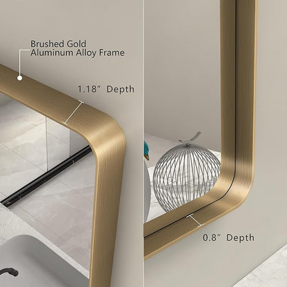 24x30 Gold Bathroom Mirror, Rounded Rectangle Gold Frame Mirror, Brushed Gold Brass Bathroom Vanity Mirror Wall-Mounted, Anti-Rust, Hangs Horizontally or Vertically