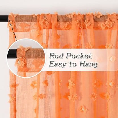 MYSKY HOME Pom Pom Orange Sheer Curtains for Bedroom Girls Room Curtains 84 Inches Long for Nursery Kids Light Filtering Boho Window Drapes, Rod Pocket, 52" Wide, 2 Panels