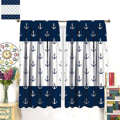 Anchor Pattern Curtains, Nautical Theme Navy Blue White Anchor Sea Life Adventure Print Blackout Window Treatments for Living Room Boys Men's Bedroom 55x63in