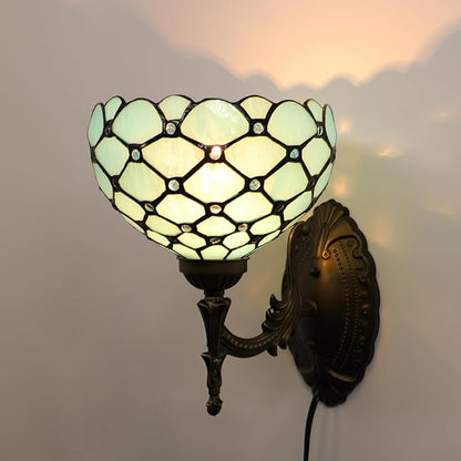 Small Tiffany Wall Sconce Lamp Stained Glass 8X10.5X11 Inch Plug in Sconce Bedside Light for Hallway Bedroom (Sea Blue Beads)