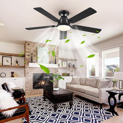 Ceiling Fans with Lights- 52" Low Profile Indoor Ceiling Fan with Light and Remote/APP Control, Flush Mount, LED Dimmable DC Reversible Modern Ceiling Fan for Bedroom（Black）