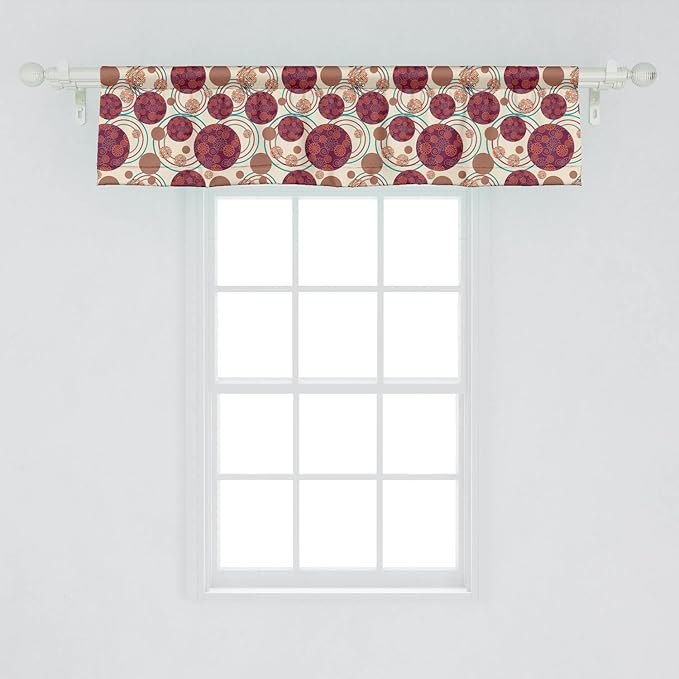 Lunarable Geometric Circle Window Valance Pack of 2, Ring Spherical Disco Balls Dot and Stripes Swirls Display Print, Rod Pocket Curtain Valances for Kitchen Bedroom, 54" X 12", Maroon Beige