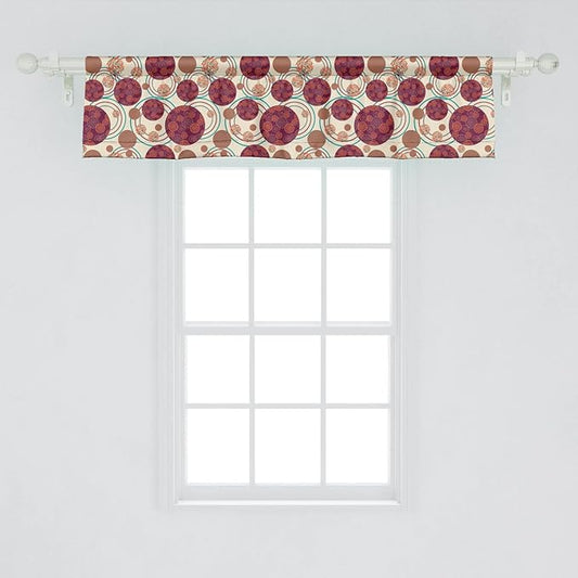 Lunarable Geometric Circle Window Valance Pack of 2, Ring Spherical Disco Balls Dot and Stripes Swirls Display Print, Rod Pocket Curtain Valances for Kitchen Bedroom, 54" X 12", Maroon Beige