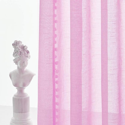 Treatmentex Pom-Pom Sheer Curtains for Girl's Room Linen Textured Pink Sheer Window Drapes for Bedroom 52" w x 63" L, 2Panels, Red, Rod Pocket