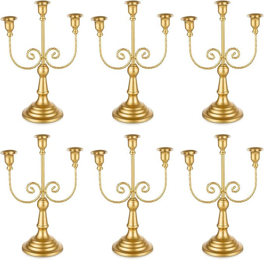 Romadedi Candelabra Gold Candle Holders - 3 Arm 11.8" Wedding Candlestick Holder for Theme Party Table Centerpiece Decor Dining Room Birthday Holiday Christmas, Set of 6