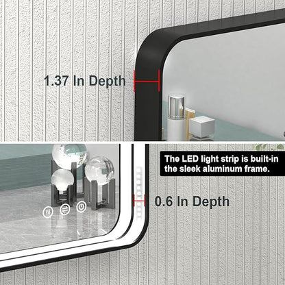 55x32 Inch LED Bathroom Mirror with Lights, Black Metal Framed LED Mirror for Bathroom, 3 Colors and Stepless Dimmable Wall Mounted Lighted Bathroom Vanity Mirror, Anti-Fog, Memory