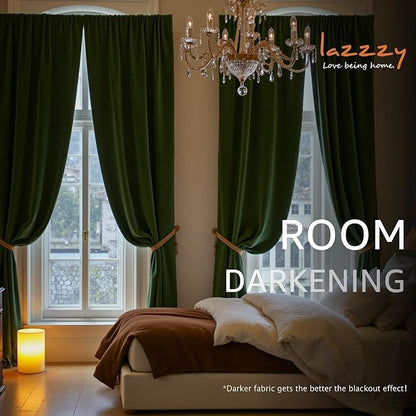 Lazzzy Velvet Blackout Curtains Thermal Insulated Room Window Drapes Super Soft Luxury Curtains for Living Room Bedroom Rod Pocket 2 Panels, Moss, 52" W x 96" L