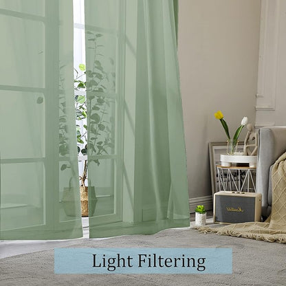 OWENIE Sage Sheer Curtains 144 inch Extra Long, Elegant and Airy Drapes Translucent Window Treatments for Living Room/Bedroom, Sage Green, 2 Panels=84" Wide