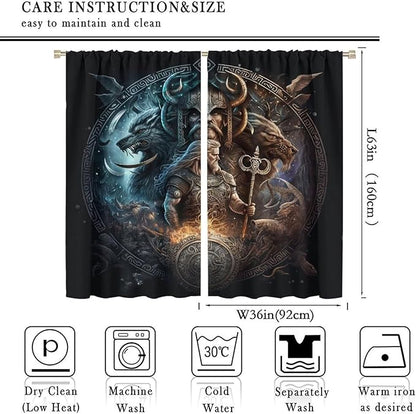 Cool Norse Viking Theme Curtains,Fantasy Ancient Symbols Wildlife Wolf Nordic Vikings Window Drapes Thermal Insulated Rod Pocket Blackout Drapes for Bedroom 2 Panels 63L x 36W