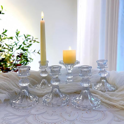 Glass Candlestick Holder,Striped Taper Candle Holders,Set of 6 Candle Stand for Table Centerpieces, Home Decor,Weddings,Festival and Parties (Clear Stripe Pattern)